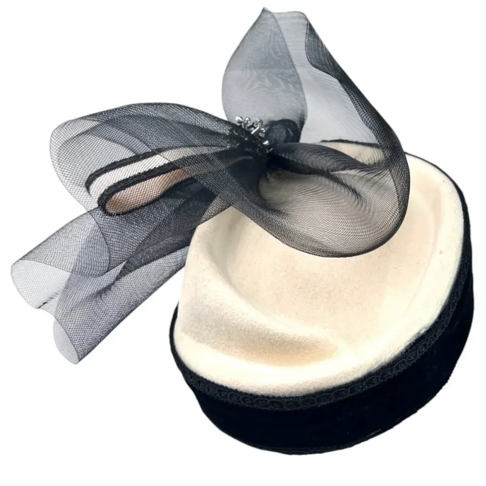 Vintage 40's fascinator hat pill box sheer bow cream black rhinestone Old Money - Picture 7 of 9
